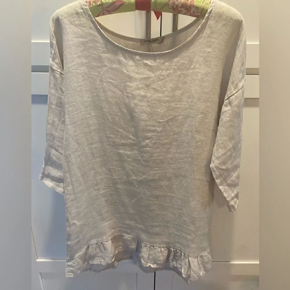 Lungo L’Arno Italy 100% Linen Ruffled Hem 3/4 Sleeve Tunic Top Beige Size Small